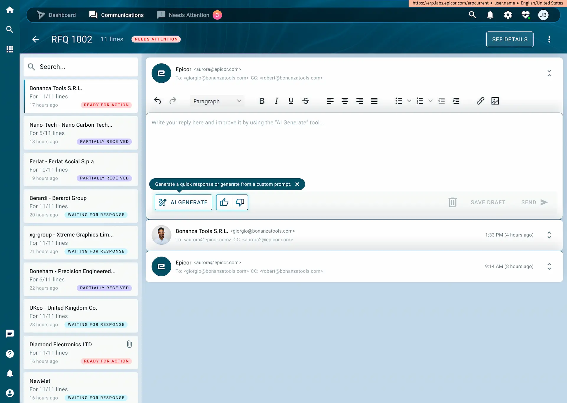 Epicor Prism AI - Email Compose Interface